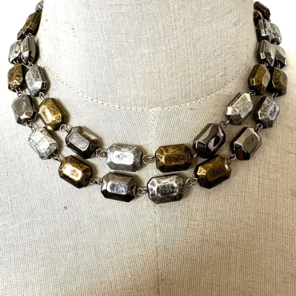 Cookie Lee Silver And Gold Tone Rectangular Bead Necklace 12$